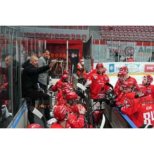Head coach Mitja Sivic in action during first match of semi-final of Alps league between SIJ Acroni Jesenice and Asiago in Jesenice, Slovenia on April 8, 2021