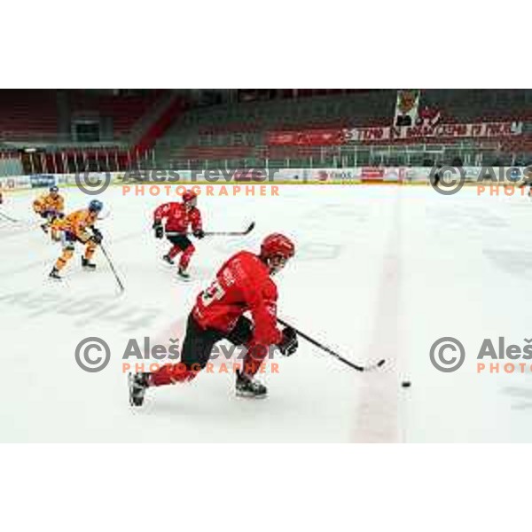 Blaz Tomazevic in action during first match of semi-final of Alps league between SIJ Acroni Jesenice and Asiago in Jesenice, Slovenia on April 8, 2021