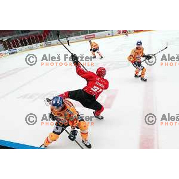 Zan Jezovsek in action during first match of semi-final of Alps league between SIJ Acroni Jesenice and Asiago in Jesenice, Slovenia on April 8, 2021