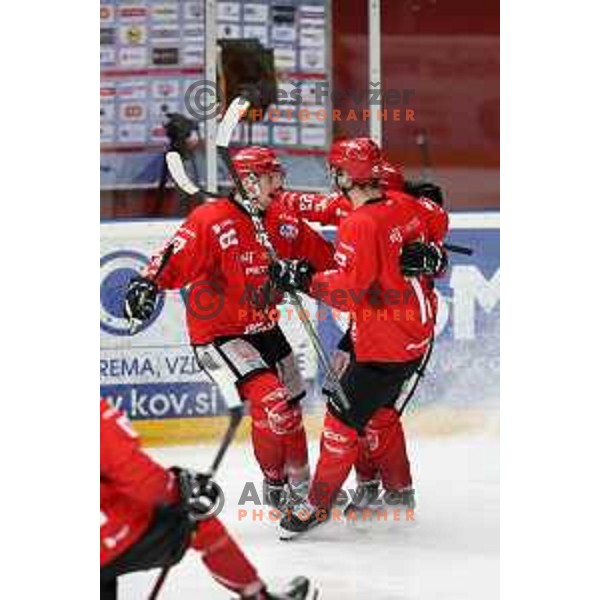 Nejc Stojan, Jaka Sodja, Blaz Tomazevic celebrate goal during first match of semi-final of Alps league between SIJ Acroni Jesenice and Asiago in Jesenice, Slovenia on April 8, 2021