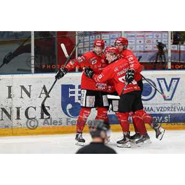 Nejc Stojan, Jaka Sodja, Blaz Tomazevic celebrate goal during first match of semi-final of Alps league between SIJ Acroni Jesenice and Asiago in Jesenice, Slovenia on April 8, 2021