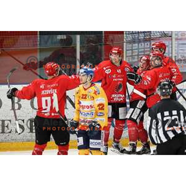 Nejc Stojan, Jaka Sodja, Blaz Tomazevic celebrate goal during first match of semi-final of Alps league between SIJ Acroni Jesenice and Asiago in Jesenice, Slovenia on April 8, 2021