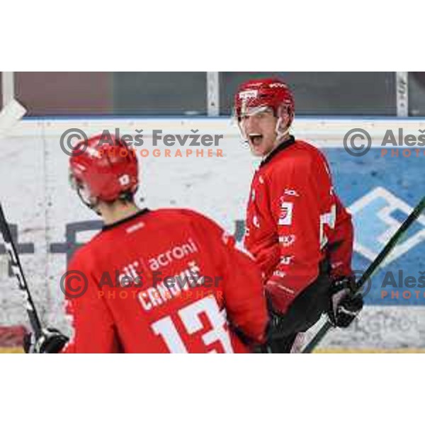 Jaka Sodja celebrates goal during first match of semi-final of Alps league between SIJ Acroni Jesenice and Asiago in Jesenice, Slovenia on April 8, 2021