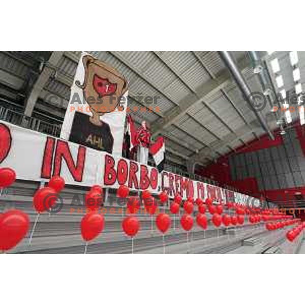 Red balloons during first match of semi-final of Alps league between SIJ Acroni Jesenice and Asiago in Jesenice, Slovenia on April 8, 2021