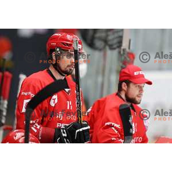in action during first match of semi-final of Alps league between SIJ Acroni Jesenice and Asiago in Jesenice, Slovenia on April 8, 2021