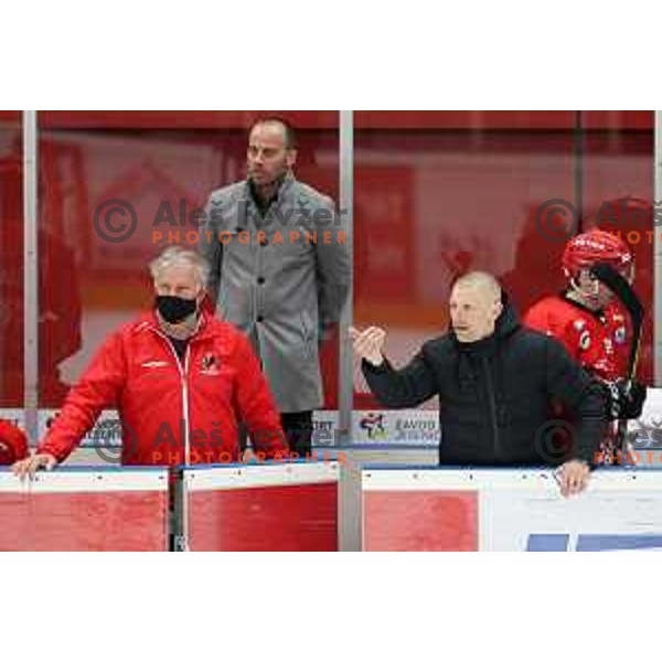 Head coach Mitja Sivic in action during first match of semi-final of Alps league between SIJ Acroni Jesenice and Asiago in Jesenice, Slovenia on April 8, 2021