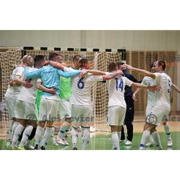 Members of Slovenia futsal team celebrate victory at European Qualifiers futsal match between Slovenia and Latvia in Lasko, Slovenia on April 12, 2021
