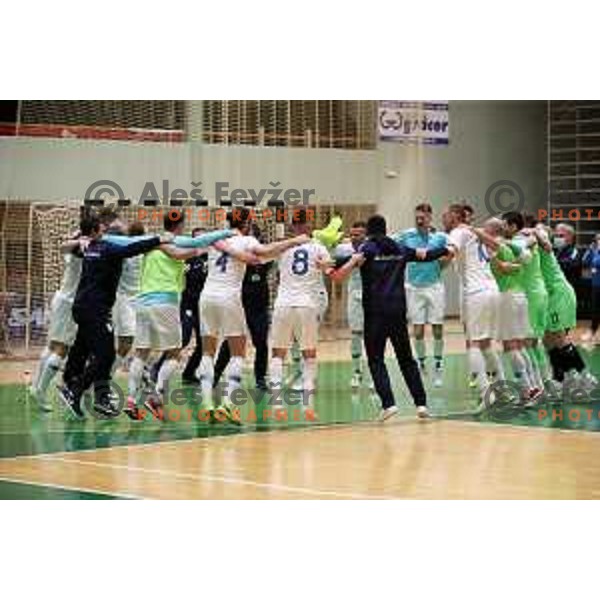 Members of Slovenia futsal team celebrate victory at European Qualifiers futsal match between Slovenia and Latvia in Lasko, Slovenia on April 12, 2021
