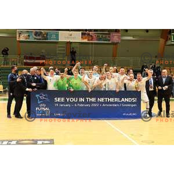Members of Slovenia futsal team celebrate victory at European Qualifiers futsal match between Slovenia and Latvia in Lasko, Slovenia on April 12, 2021