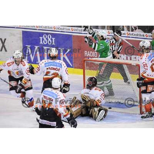 Augustincic celebrates goal at Ice Hockey match ZM Olimpija - Acroni Jesence - Fourth game of the final of the Slovenian championship ,played in Hala Tivoli Ljubljana 09.04.2008, Jesenice won 2:1 and won the series with 4:0 