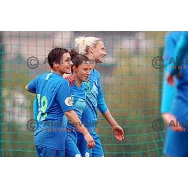Manja Rogan, Mateja Zver and Kaja Erzen celebrate goal during Women’s friendly football match between Slovenia and Slovakia in Catez ob Savi, Slovenia on April 13, 2021