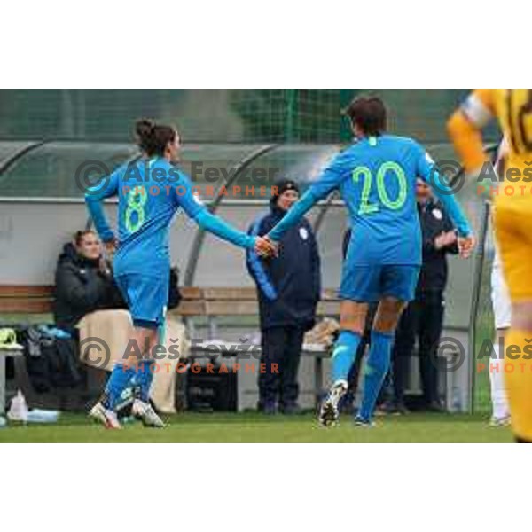 Mateja Zver and Pamela Begic during Women’s friendly football match between Slovenia and Slovakia in Catez ob Savi, Slovenia on April 13, 2021