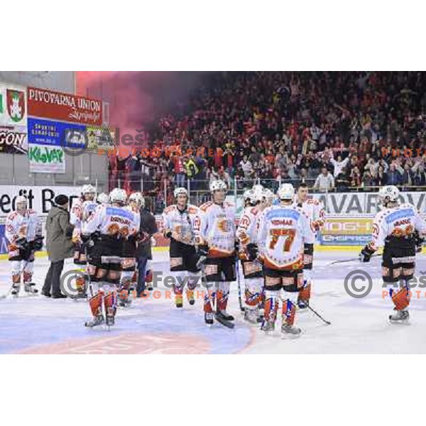 Jesenice celebrate winning the slovenian championship at Ice Hockey match ZM Olimpija - Acroni Jesence - Fourth game of the final of the Slovenian championship ,played in Hala Tivoli Ljubljana 09.04.2008, Jesenice won 2:1 and won the series with 4:0 