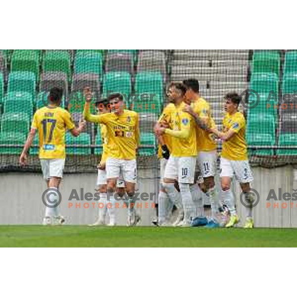 Mark Spanring, Mustafa Nukic and Zan Trontelj celebrate goal during Prva Liga Telekom Slovenije 2020-2021 football match between Olimpija and Bravo in SRC Stozice, Ljubljana, Slovenia on April 13, 2021