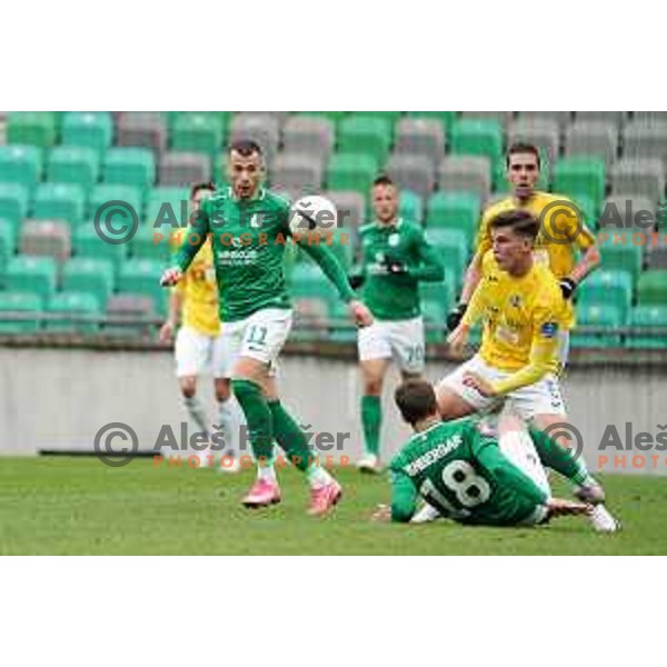 Mihailo Perovic and Mark Spanring in action during Prva Liga Telekom Slovenije 2020-2021 football match between Olimpija and Bravo in SRC Stozice, Ljubljana, Slovenia on April 13, 2021