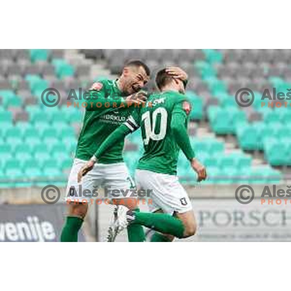 Mihailo Perovic and Timi Max Elsnik celebrate goal during Prva Liga Telekom Slovenije 2020-2021 football match between Olimpija and Bravo in SRC Stozice, Ljubljana, Slovenia on April 13, 2021