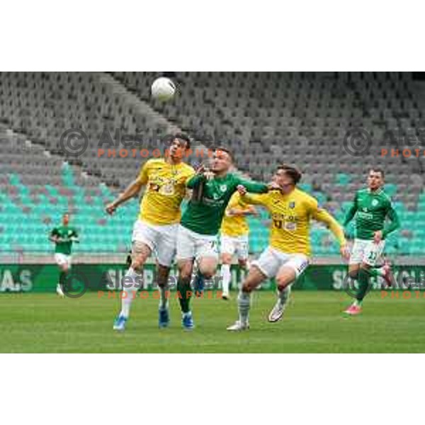 Mitja Krizan, Djordje Ivanovic and Mark Spanring in action during Prva Liga Telekom Slovenije 2020-2021 football match between Olimpija and Bravo in SRC Stozice, Ljubljana, Slovenia on April 13, 2021