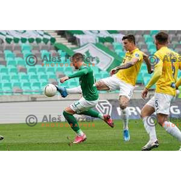 Mihailo Perovic and Mitja Krizan in action during Prva Liga Telekom Slovenije 2020-2021 football match between Olimpija and Bravo in SRC Stozice, Ljubljana, Slovenia on April 13, 2021