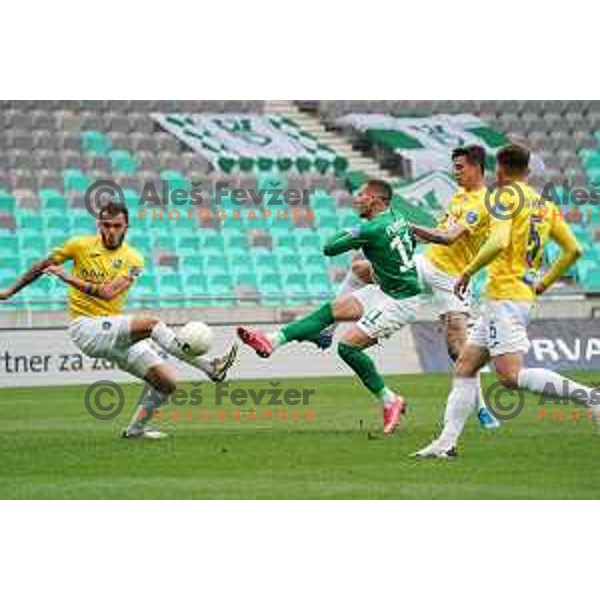 Vanja Drkusic and Mihailo Perovic in action during Prva Liga Telekom Slovenije 2020-2021 football match between Olimpija and Bravo in SRC Stozice, Ljubljana, Slovenia on April 13, 2021
