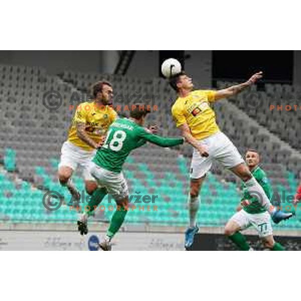 Vanja Drkusic, Djordje Ivanovic and Mitja Krizan in action during Prva Liga Telekom Slovenije 2020-2021 football match between Olimpija and Bravo in SRC Stozice, Ljubljana, Slovenia on April 13, 2021