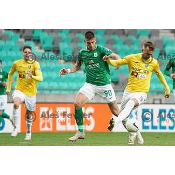 Vujadin Savic and Mustafa Nukic in action during Prva Liga Telekom Slovenije 2020-2021 football match between Olimpija and Bravo in SRC Stozice, Ljubljana, Slovenia on April 13, 2021