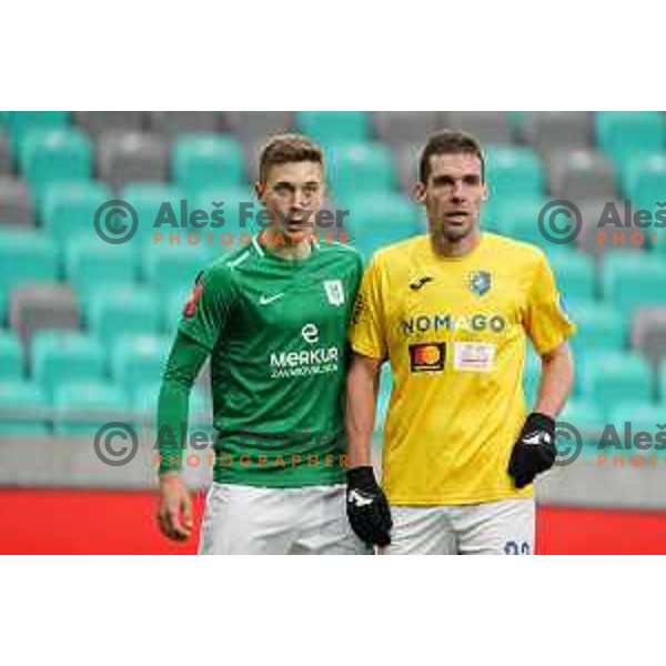 Enrik Ostrc and Luka Zinko in action during Prva Liga Telekom Slovenije 2020-2021 football match between Olimpija and Bravo in SRC Stozice, Ljubljana, Slovenia on April 13, 2021
