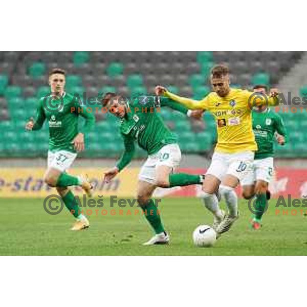 Timi Max Elsnik and Mustafa Nukic in action during Prva Liga Telekom Slovenije 2020-2021 football match between Olimpija and Bravo in SRC Stozice, Ljubljana, Slovenia on April 13, 2021