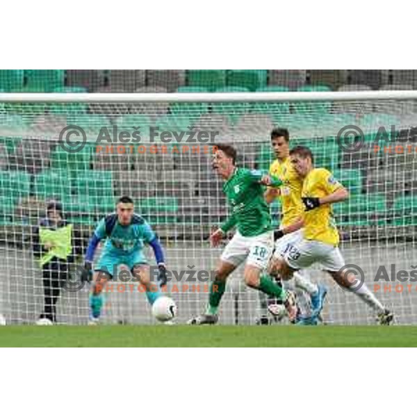 Andres Vombergar and Luka Zinko in action during Prva Liga Telekom Slovenije 2020-2021 football match between Olimpija and Bravo in SRC Stozice, Ljubljana, Slovenia on April 13, 2021