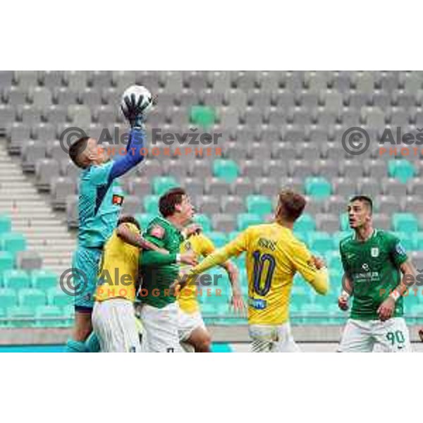 Igor Vekic and Andres Vombergar in action during Prva liga Telekom Slovenije 2020-2021 football match between Olimpija and Bravo in SRC Stozice, Ljubljana on April 13, 2021