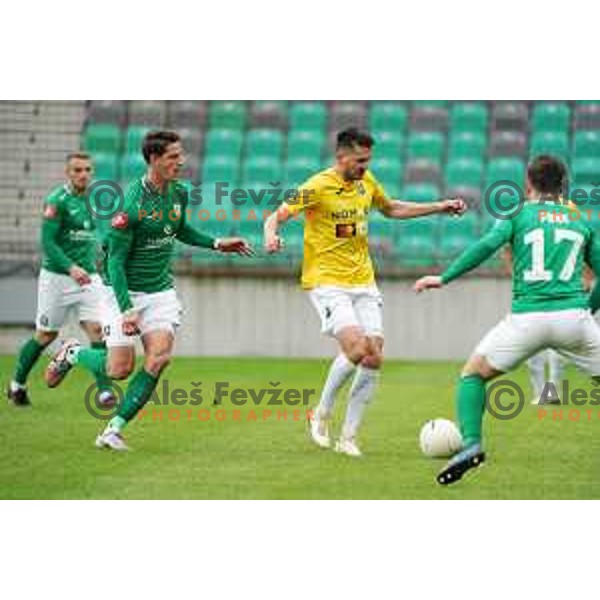 Andres Vombergar and Andraz Kirm in action during Prva liga Telekom Slovenije 2020-2021 football match between Olimpija and Bravo in SRC Stozice, Ljubljana on April 13, 2021