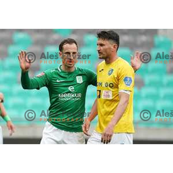 Matic Fink and Andraz Kirm in action during Prva Liga Telekom Slovenije 2020-2021 football match between Olimpija and Bravo in SRC Stozice, Ljubljana, Slovenia on April 13, 2021