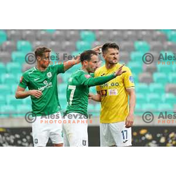 Matic Fink and Andraz Kirm in action during Prva Liga Telekom Slovenije 2020-2021 football match between Olimpija and Bravo in SRC Stozice, Ljubljana, Slovenia on April 13, 2021