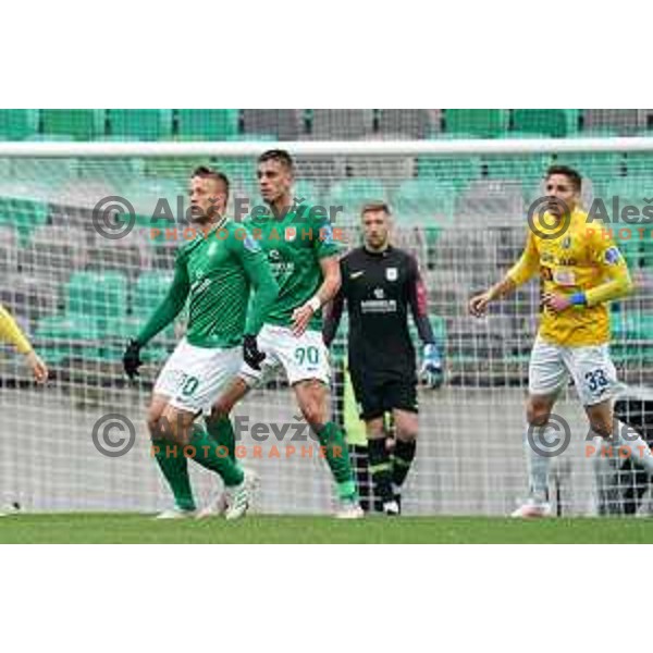 Antonio Delamea Mlinar and Vujadin Savic in action during Prva liga Telekom Slovenije 2020-2021 football match between Olimpija and Bravo in SRC Stozice, Ljubljana on April 13, 2021