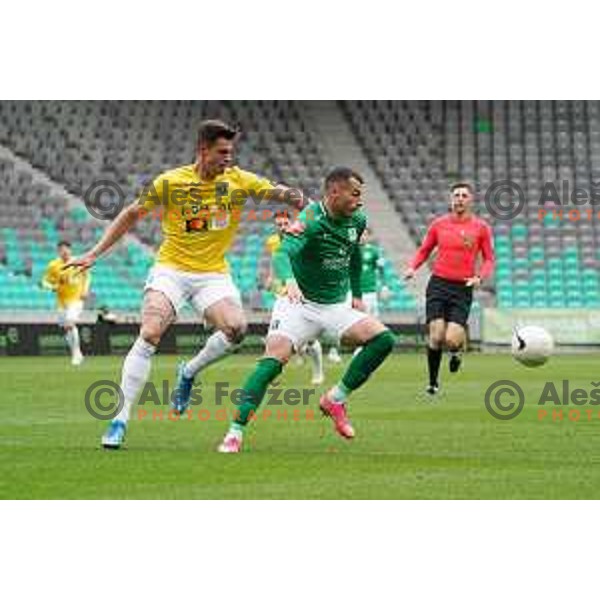 Mitja Krizan and Mihailo Perovic in action during Prva Liga Telekom Slovenije 2020-2021 football match between Olimpija and Bravo in SRC Stozice, Ljubljana, Slovenia on April 13, 2021