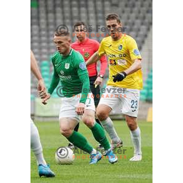 Djordje Ivanovic and Luka Zinko in action during Prva liga Telekom Slovenije 2020-2021 football match between Olimpija and Bravo in SRC Stozice, Ljubljana on April 13, 2021