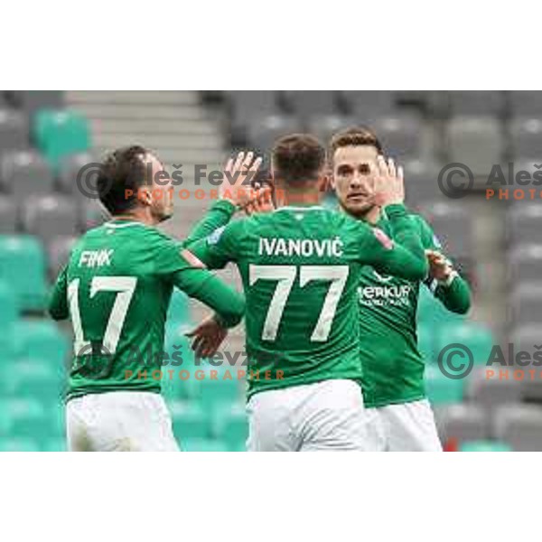 Matic Fink, Djordje Ivanovic and Timi Max Elsnik celebrate goal during Prva liga Telekom Slovenije 2020-2021 football match between Olimpija and Bravo in SRC Stozice, Ljubljana on April 13, 2021