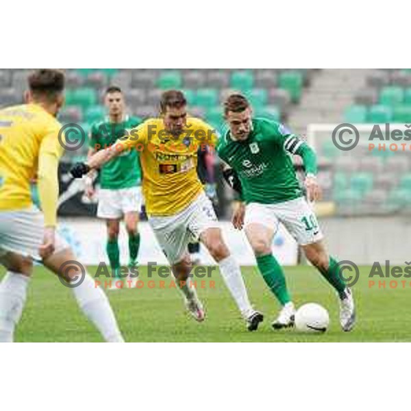Luka Zinko and Timi Max Elsnik in action during Prva liga Telekom Slovenije 2020-2021 football match between Olimpija and Bravo in SRC Stozice, Ljubljana on April 13, 2021