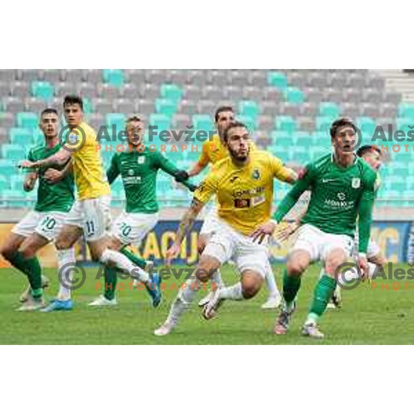Vanja Drkusic and Andres Vombergar in action during Prva liga Telekom Slovenije 2020-2021 football match between Olimpija and Bravo in SRC Stozice, Ljubljana on April 13, 2021