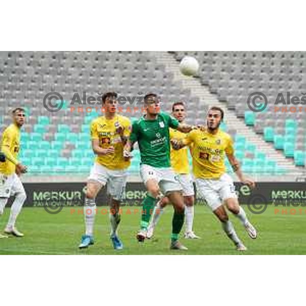 Mitja Krizan, Vujadin Savic and Vanja Drkusic in action during Prva liga Telekom Slovenije 2020-2021 football match between Olimpija and Bravo in SRC Stozice, Ljubljana on April 13, 2021