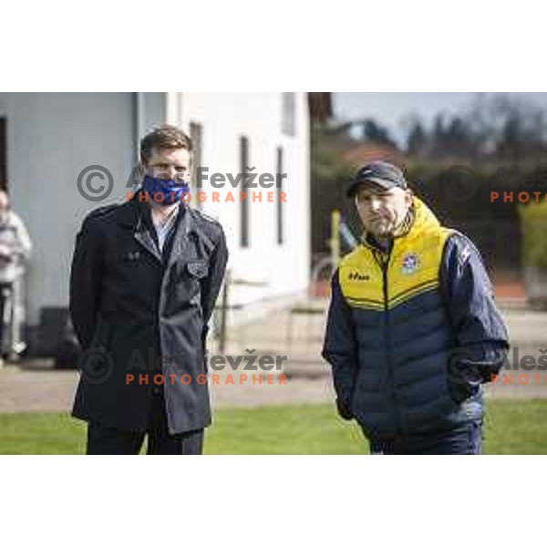 Simon Rozman, head coach of Maribor and Oskar Drobne, head coach of Aluminij during Prva liga Telekom Slovenije football match between Aluminij and Maribor in Kidricevo, Slovenija on April 16, 2021
