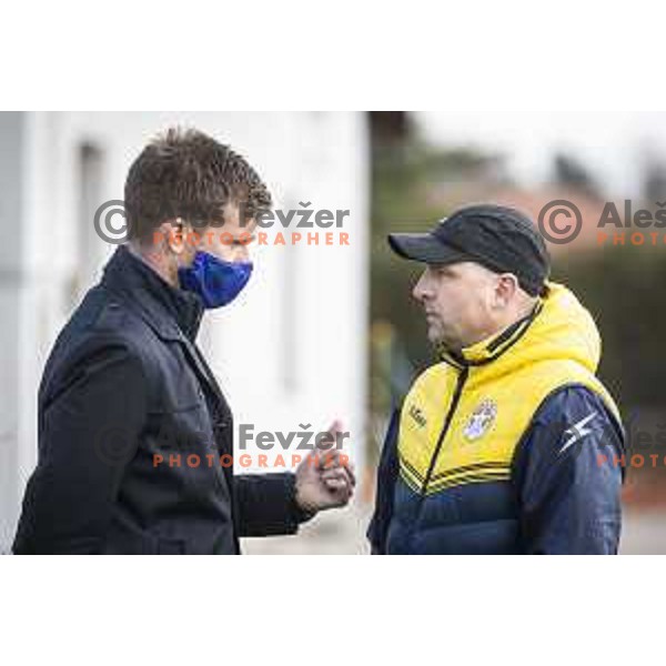 Simon Rozman, head coach of Maribor and Oskar Drobne, head coach of Aluminij during Prva liga Telekom Slovenije football match between Aluminij and Maribor in Kidricevo, Slovenija on April 16, 2021