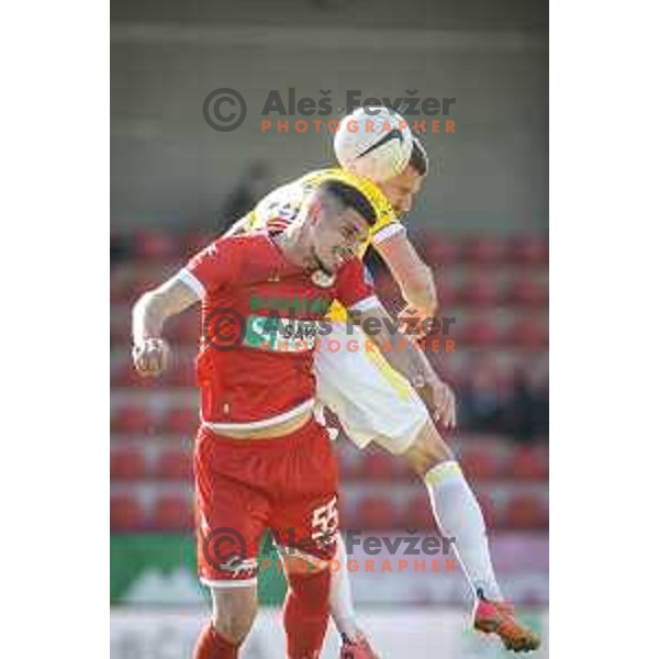 Emir Azemovic and Nemanja Jaksic in action during Prva liga Telekom Slovenije football match between Aluminij and Maribor in Kidricevo, Slovenija on April 16, 2021
