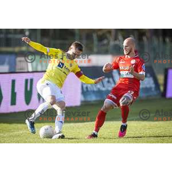 Martin Milec and Aljaz Krefl in action during Prva liga Telekom Slovenije football match between Aluminij and Maribor in Kidricevo, Slovenija on April 16, 2021