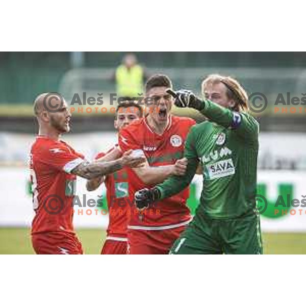 Aljaz Krefl, Renato Pantalon and Luka Janzekovic in action during Prva liga Telekom Slovenije football match between Aluminij and Maribor in Kidricevo, Slovenija on April 16, 2021
