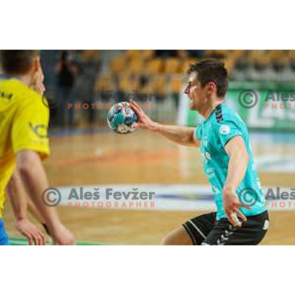 in action during 1.NLB league handball match between Celje Pivovarna Lasko and Gorenje Velenje in Arena Zlatorog, Celje, Slovenia on April 14, 2021