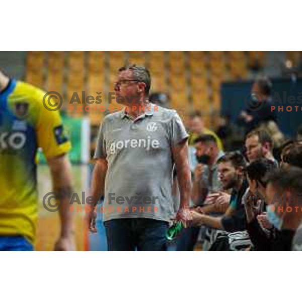 in action during 1.NLB league handball match between Celje Pivovarna Lasko and Gorenje Velenje in Arena Zlatorog, Celje, Slovenia on April 14, 2021