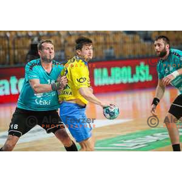 in action during 1.NLB league handball match between Celje Pivovarna Lasko and Gorenje Velenje in Arena Zlatorog, Celje, Slovenia on April 14, 2021