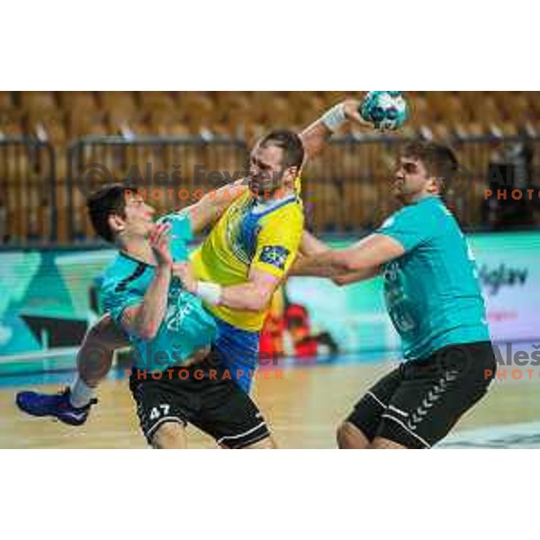 in action during 1.NLB league handball match between Celje Pivovarna Lasko and Gorenje Velenje in Arena Zlatorog, Celje, Slovenia on April 14, 2021
