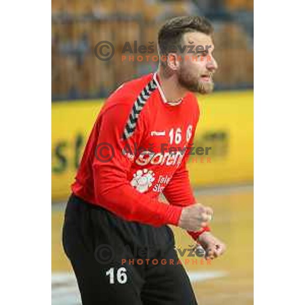 in action during 1.NLB league handball match between Celje Pivovarna Lasko and Gorenje Velenje in Arena Zlatorog, Celje, Slovenia on April 14, 2021