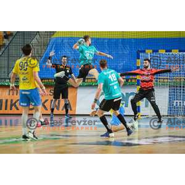 in action during 1.NLB league handball match between Celje Pivovarna Lasko and Gorenje Velenje in Arena Zlatorog, Celje, Slovenia on April 14, 2021